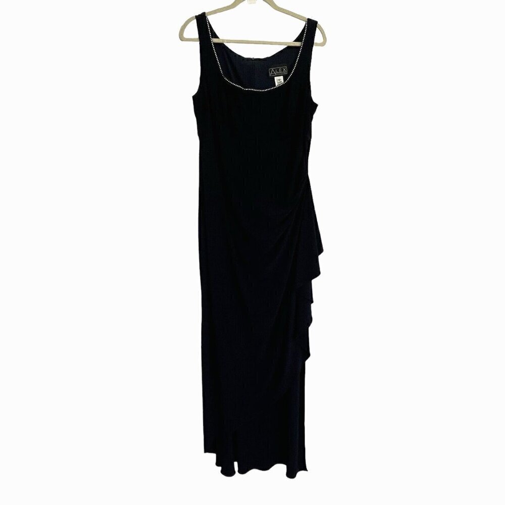 Alex Evenings 16 Long Maxi Dress Navy Blue Ruched Sleeveless Embellished Formal